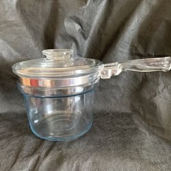 Vintage Pyrex Flame Ware Clear Glass 1.5 Quart Double Boiler With Lid