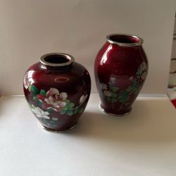Japanese Red Ground Enamel Vases Lot Of 2 
