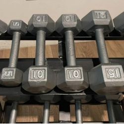 In NEW Condition Set Of Cast Iron Hex Dumbbells 5s, 10s, 15s 20s  And  25s [ RACK NOT INCLUDED]