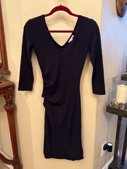 James Perse Women Black V-Neck Ruched 3/4 Sleeve Dress Size 2 (Medium)