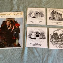 Norman Rockwell "Sixty Year Retrospective" Book, 4 Large Coasters, and "Marriage License" Plate