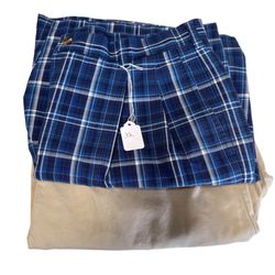 Lot of 2 Mens Shorts Size 32 Blue Plaid Pr Roundtree & Tan By Daniel Cremieux