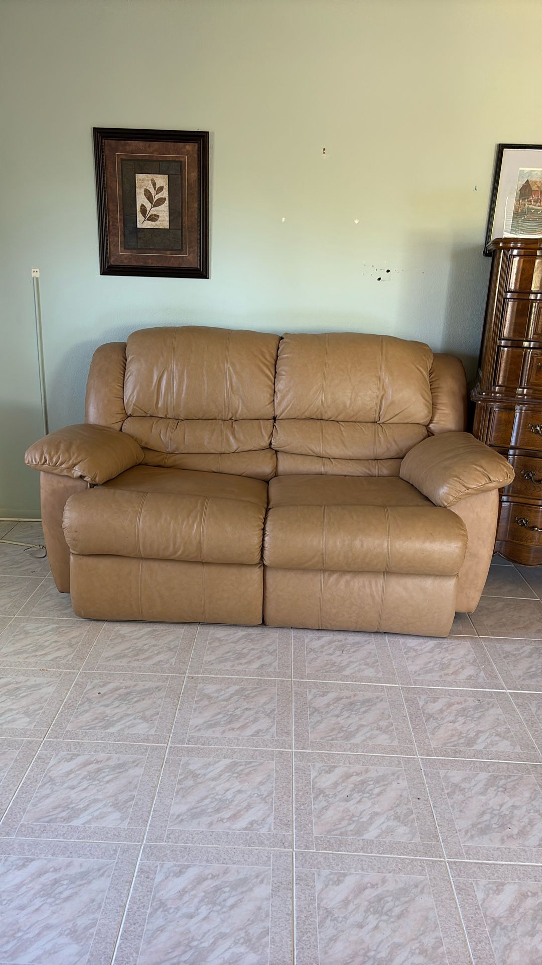 vintage tan leather double recliner couch 