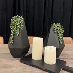 Table Top Decor Set Black Vase Succulents Faux Candles