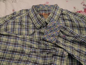 Robert Graham Flip Cuff Shirt Mens 4XL Green and Blue Plaid