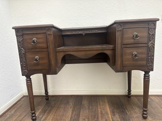 Vintage Solid Wood Vanity Desk with Carved Details