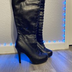 Thigh High Heel Boots Lace Up Leather