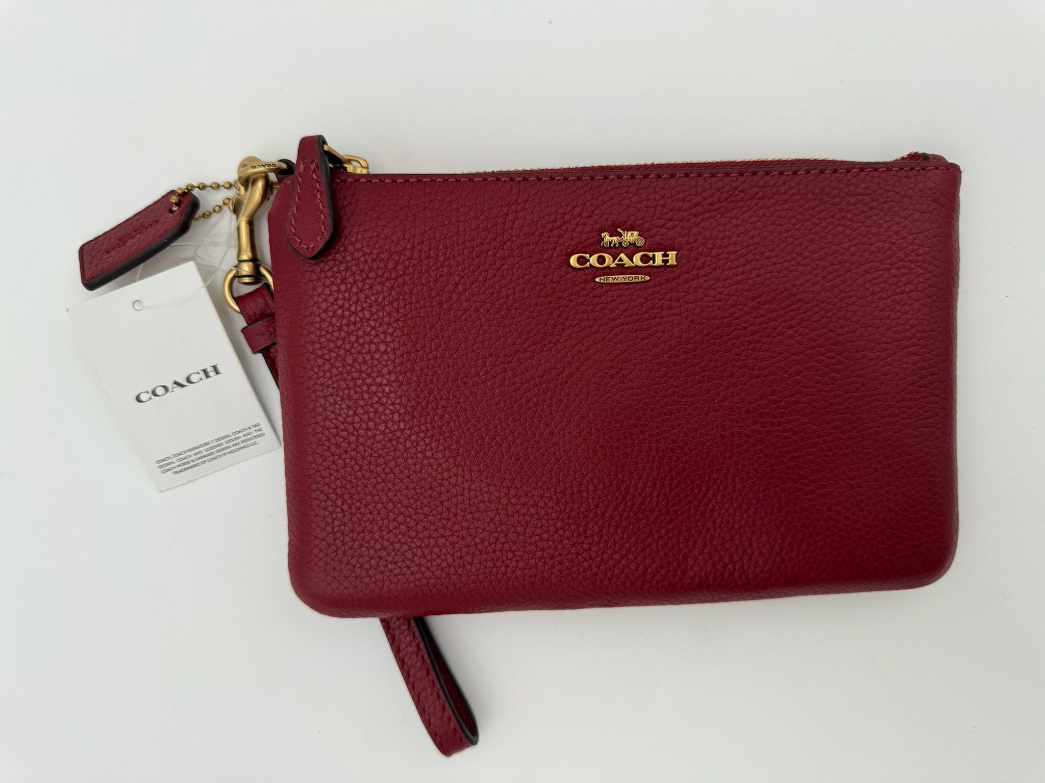 New Coach Women's Polished Pebble Leather Small Zip-Top Wristlet Deep Berry NWT