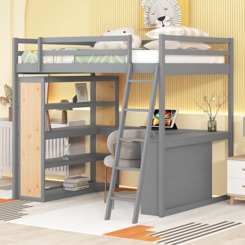 NEW Gray Full Wooden Loft Bed with Shelves, Desk, Drawer and Ladder