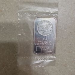 Vintage Sunshine Mint 1 Oz 999 Silver Bar.  Sealed 