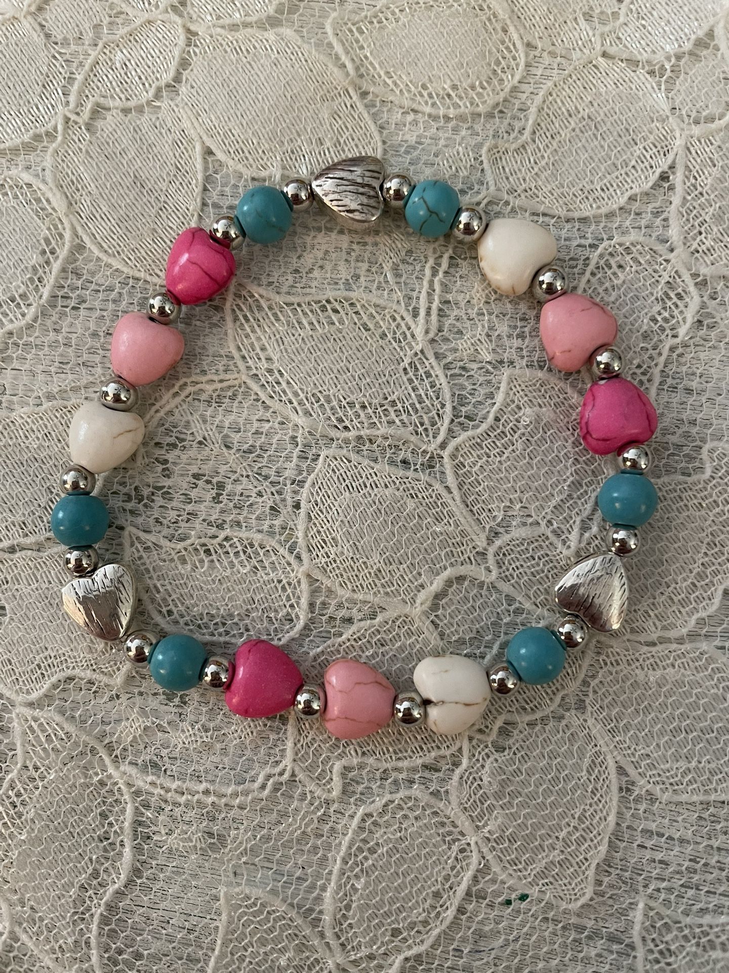 Pink And Teal Crackle Beaded Bracelet