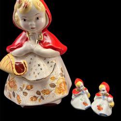 Antique 1940's Hull  Pottery Little Red Riding Hood Cookie Jar & Salt & Pepper Shakers