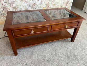 : Glass Top Display Coffee Table with Drawers & Lower Shelf – Cherry Finish