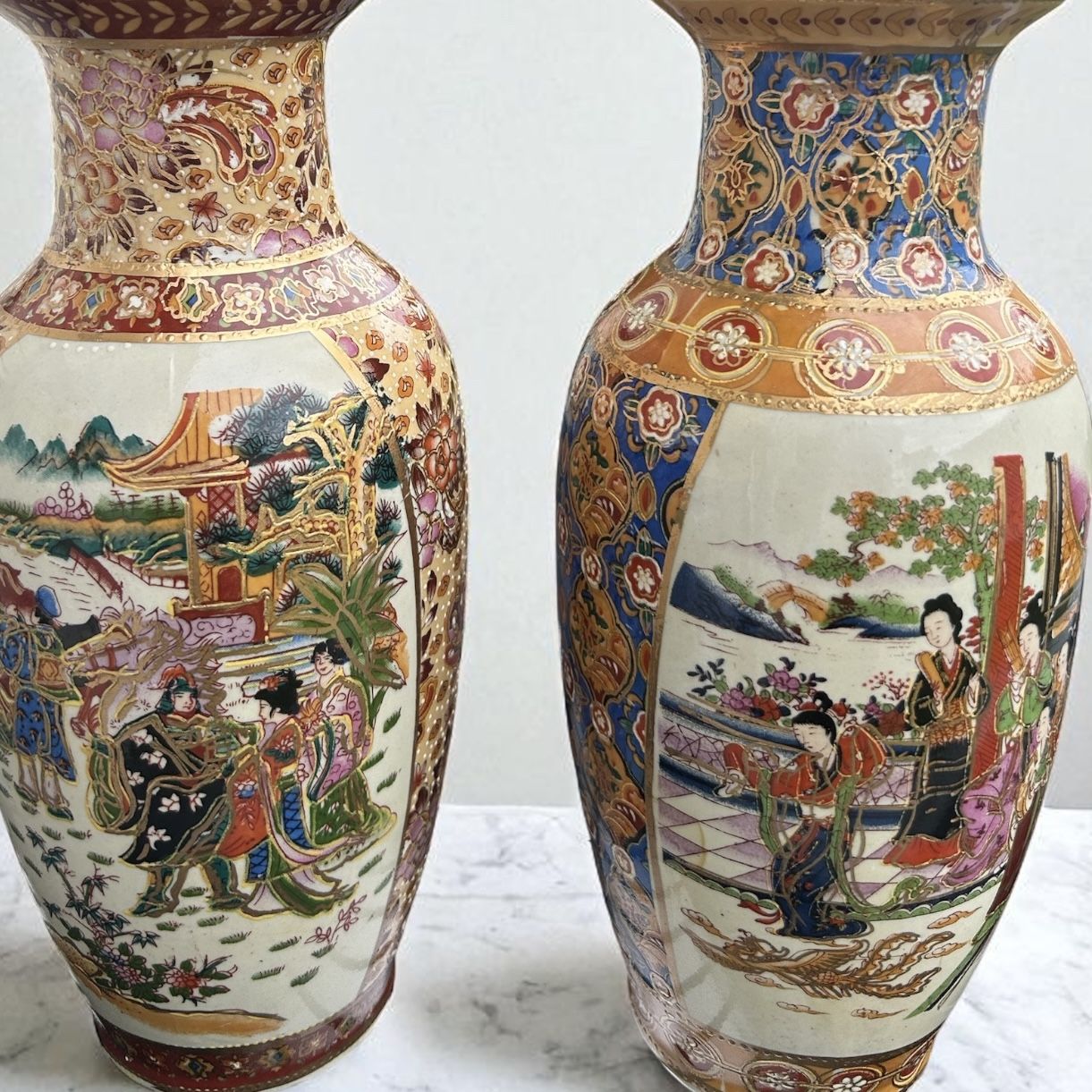Set of Two Chinese Satsuma Style. Geisha Prints. 10” Height