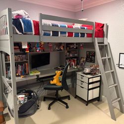Grey Loft Bed With Large Desk And Storage 