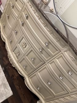 Queen bed, dresser witha real marble top , nightstand with a marble top and mattress