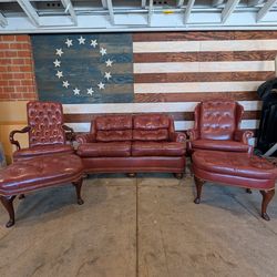 Hancock And Moore Luxury Red Tufted Leather Loveseat And Chairs With Ottomans Vintage