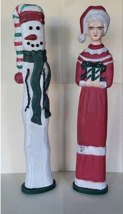 20 Inch Pier 1 Mrs. Claus & Snowman Christmas Figure Wooden Tall Rustic