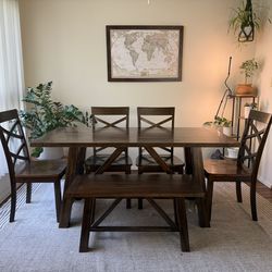 Solid Wood Table Dining Set - 4 Chairs + Bench