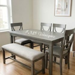 ✅️✅️(6 pc  Grey finish wood dining table set grey padded seat chairs and bench✅️✅️✅️
