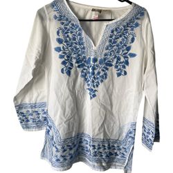 Kushi White & Blue Floral Embroidered Tunic Top Blouse Boho Hippie Small  Comes from a pet and smoke free home.  Measurements are in pictures.Embrace 