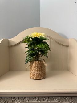 Artificial Flower Plant in Woven Covered Glass Vase