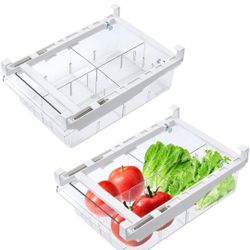 iBesi 2 Pack Refrigerator Organizer Bins, Pull-out Fridge Storage Drawer Design, Freely Pullable Storage Box with 4 Divided Sections, Fit for Fridge S