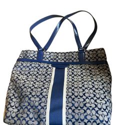 Coach Signature Canvas Blue Stripe &Leather Tote Purse