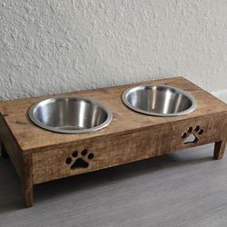 Double Solid Mango Wood Feeder With Stainless  Steel Bowls For Small Pets.
