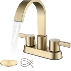 Bathroom Sink Faucet 3 Hole Brushed Gold, 2 Handle 4 Inch Centerset Stainless Steel Bathroom Faucet with Pop up Drain and 2 Supply Lines, 