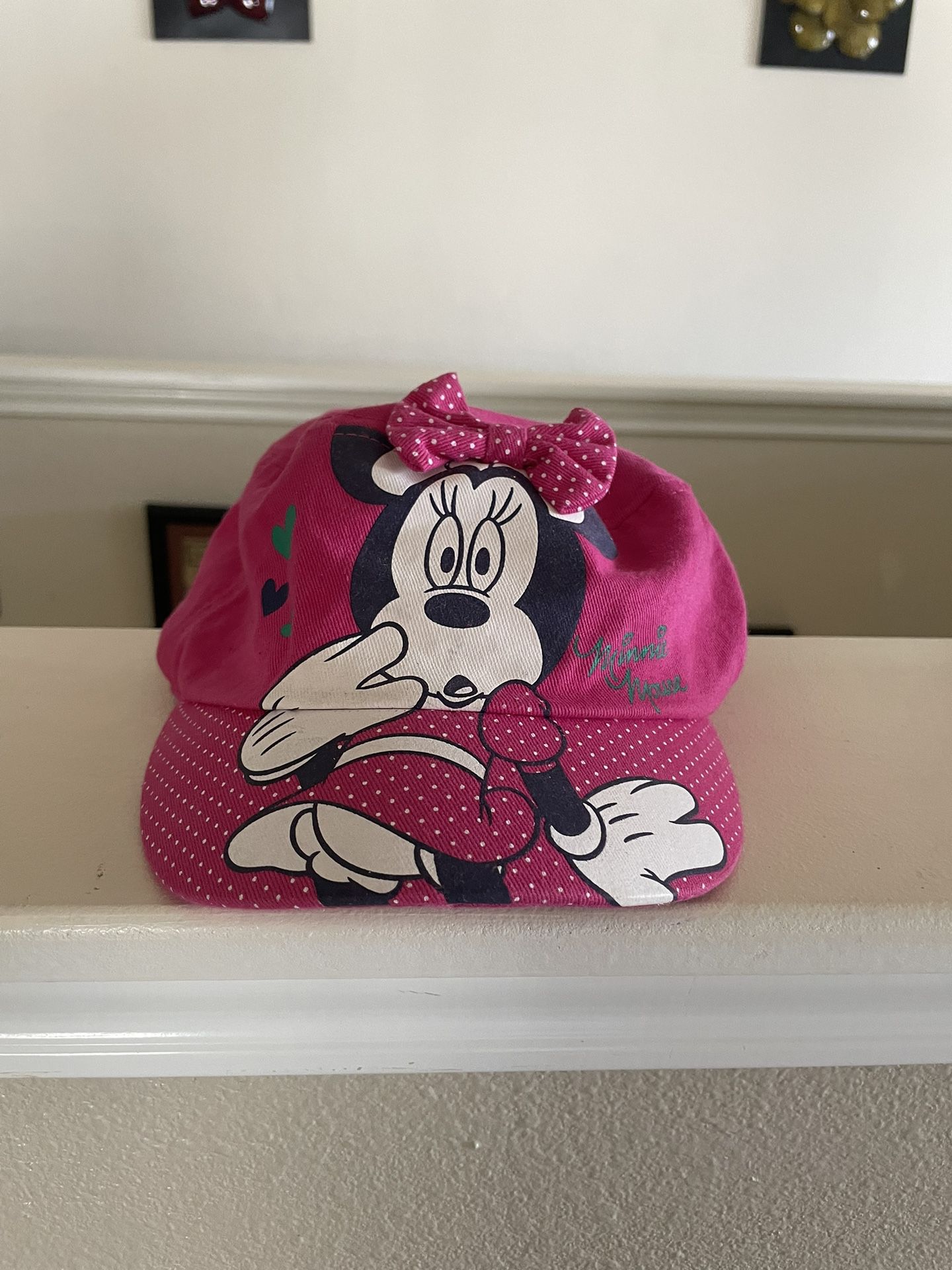 Rare Vintage Minnie Mouse Disney Benie Beret Hat Polka Dot Pink Bow Cursive