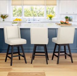 Set of 3 swivel bar Stools for kitchen island. Solid wood Legs. Antique white. Leather.