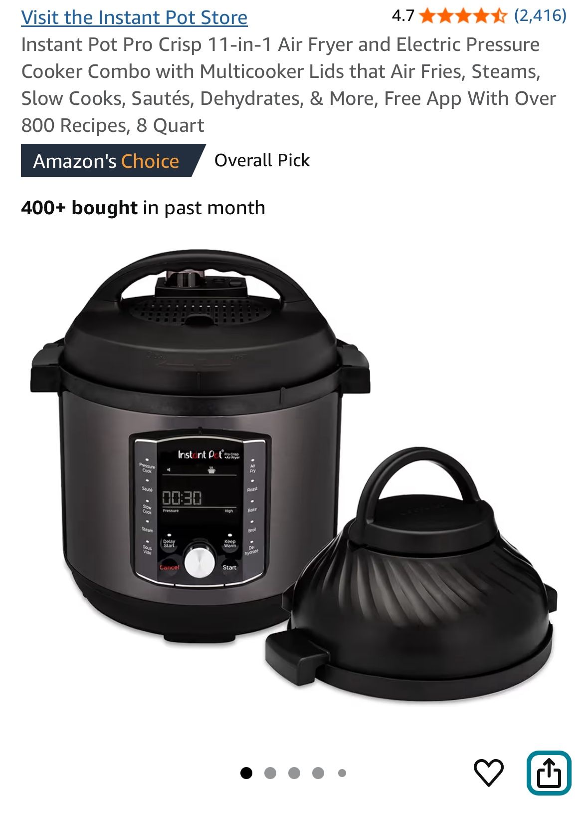 Instant Pot Pro Crisp 11-in-1 Air Fryer and Electric Pressure Cooker Combo, 8 Quart ($140)