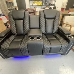 Electric Power Leather Loveseat Recliner With Arm Storage; LED Lights; USB Port