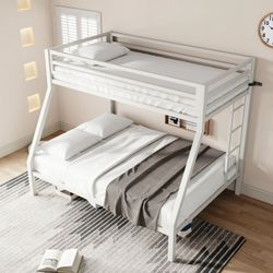 White Metal Bunk Bed Twin Over Full Size with Removable Durable Ladder