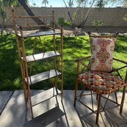 🌿 Bamboo-Style Vintage Shelf + Accent Chair Set