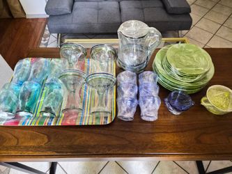 6 Dinner plates,  6 Salad Plates,  Tumblers,  Bowls,  Pitcher