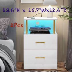 🥨2Pcs Nightstand with Charging Station and LED Lights, Nightstands, Bedside Table with Open Storage and 2 Drawers, 2 USB Ports, 2 Outlets, Modern End