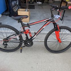 Mongoose Status 2.2 Mountain Bike for Men and Women, 26-Inch Wheels, 21-Speed Shifters, Aluminum Frame, Front Suspension, Black/ Red