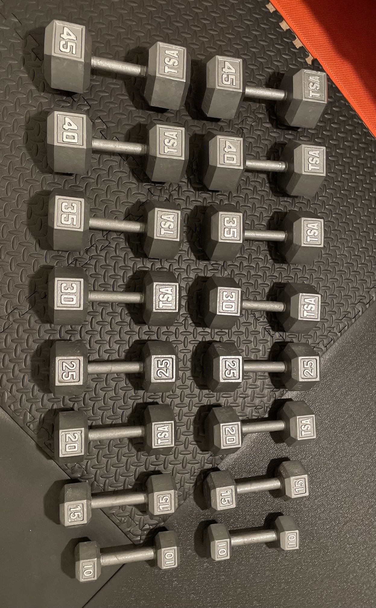Set Of Cast Iron Hex Dumbbells From 10# To 45# Total Of 440 lbs Basically New