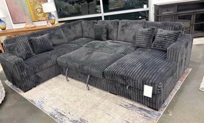 NEW Charcoal Sectional With USB Charging Ports & STORAGE CHAISE & Pull out Bed Finance $54 down pmt