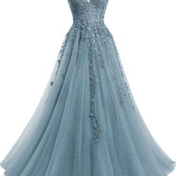 24 Plus V Neck Tulle Prom DressesLong Sparkly Lace Formal Party Dress