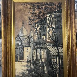 Vintage Framed Paris Street Scene Oil Painting – Textured Impasto, Café Scene