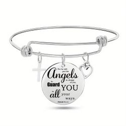 Lovely Christian Scripture Stainless  Steel  Angels Engraved Charm Bracelet 
