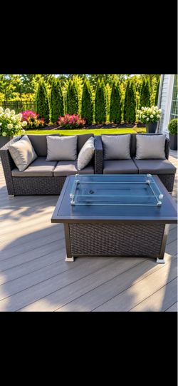Outdoor Wicker Sofa and Fire Pit Table Set