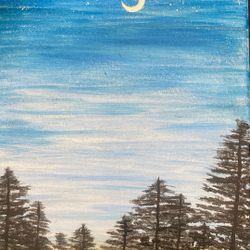 Lovely Light Blue Night Sky With Trees And A Moon Painting