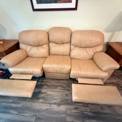 Leather 3-Seat Sofa Couch Reclining Ends Tan