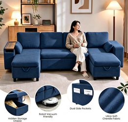 112.2 Inch Sectional Sofa with Storage Chaise, Pull Out Sleeper Bed and Tray,Blue