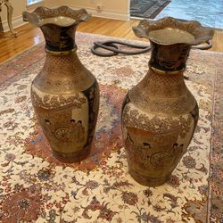 (2) Pair of LARGE Japanese Satsuma Antique Style Floor Vases – Hand-Painted with Samurai & Geisha Scenes VERY HEAVY