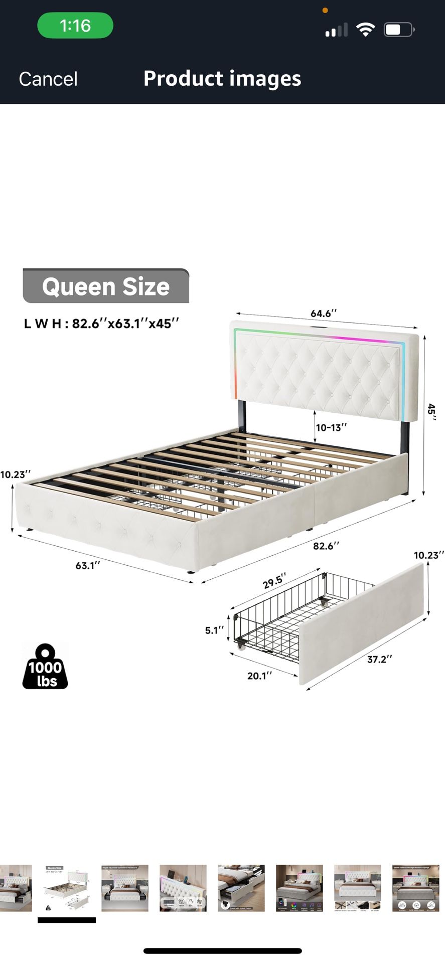 Queen Size Velvet & 4 Storage Bed Frame Cream Color